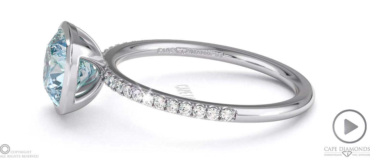 Blue Natural Diamond Cushion Cut Basket Bezel Setting Pave 9K White Gold Engagement Ring top video