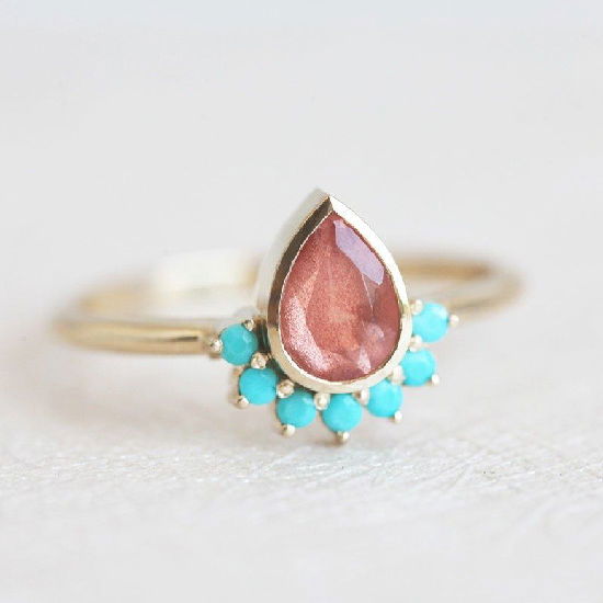 Unusual and Enchanting Sunstone Engagement Rings - Turquoise Teardrop