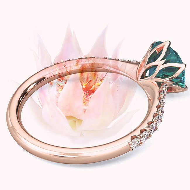 Rose Gold Fynbos Floral Teal Sapphire Engagement Rings