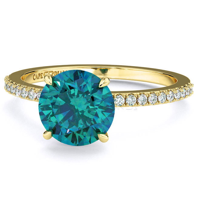 Yellow Gold Side Stone Teal Sapphire Engagement Rings