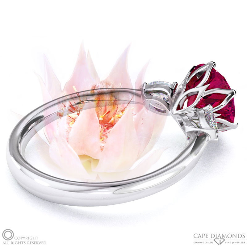 Blushing Bride Fynbos Ruby Round Trillogy Engagement Ring White Gold