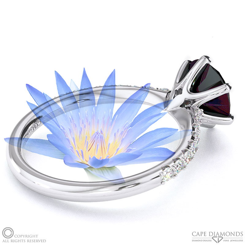 Water Lily Black Lab Grown Diamond Side Stone Engagement Ring White Gold