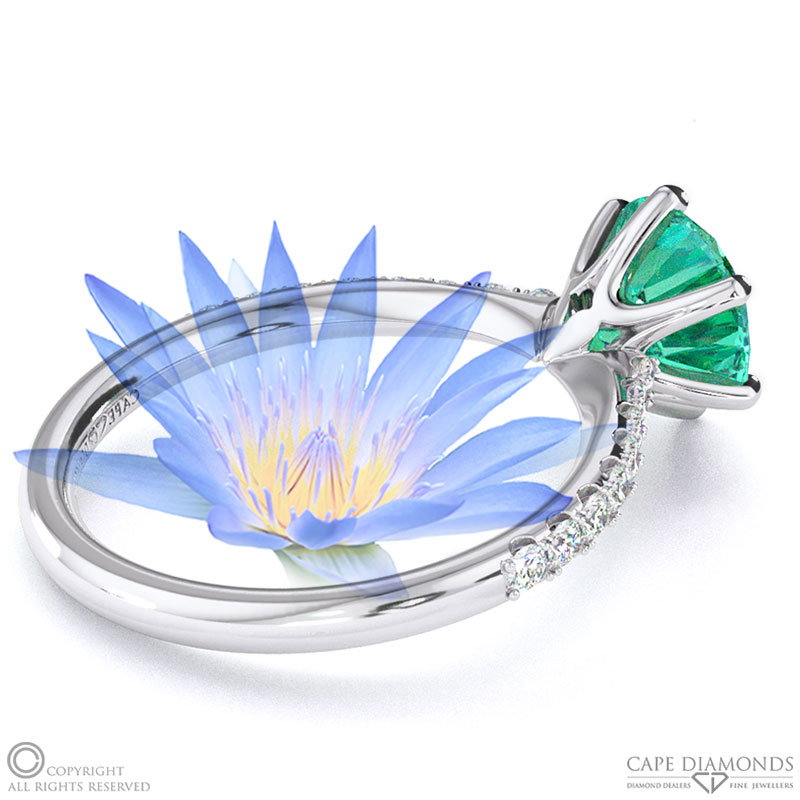 Water Lily Emerald Side Stone Engagement Ring White Gold