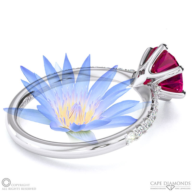 Water Lily Ruby Side Stone Engagement Ring White Gold