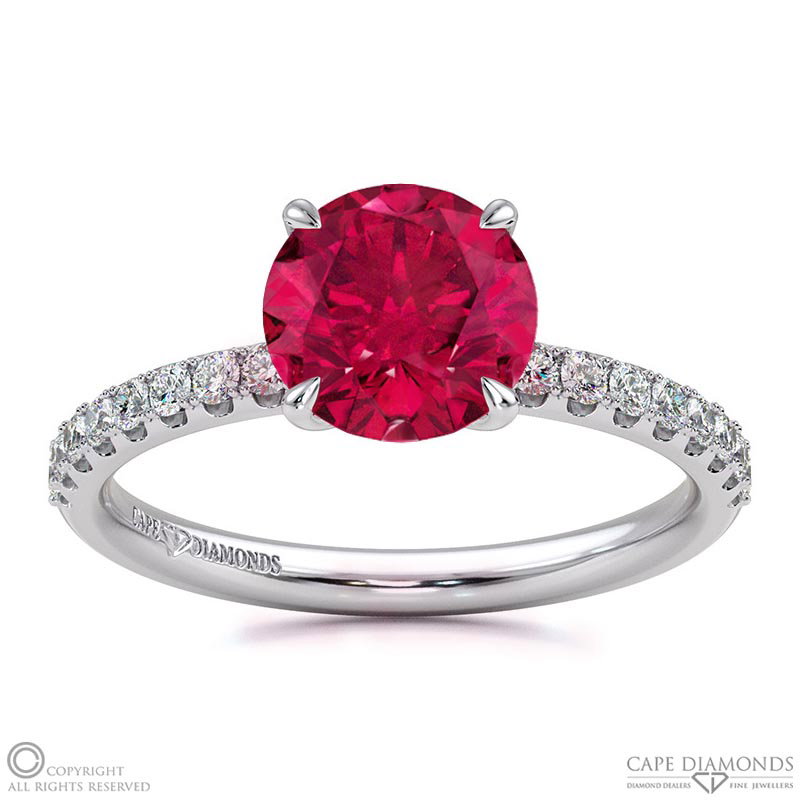 Ruby Cat Claw Round Side Stone Engagement Ring White Gold