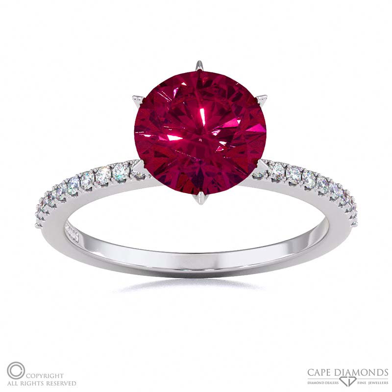 Lady Liberty Ruby Round Cut Side Stone Engagement Ring White Gold