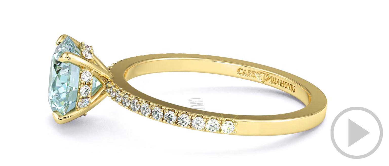 Blue Lab Grown Diamond Hidden Halo Side Stone Engagement Ring Yellow Gold top video