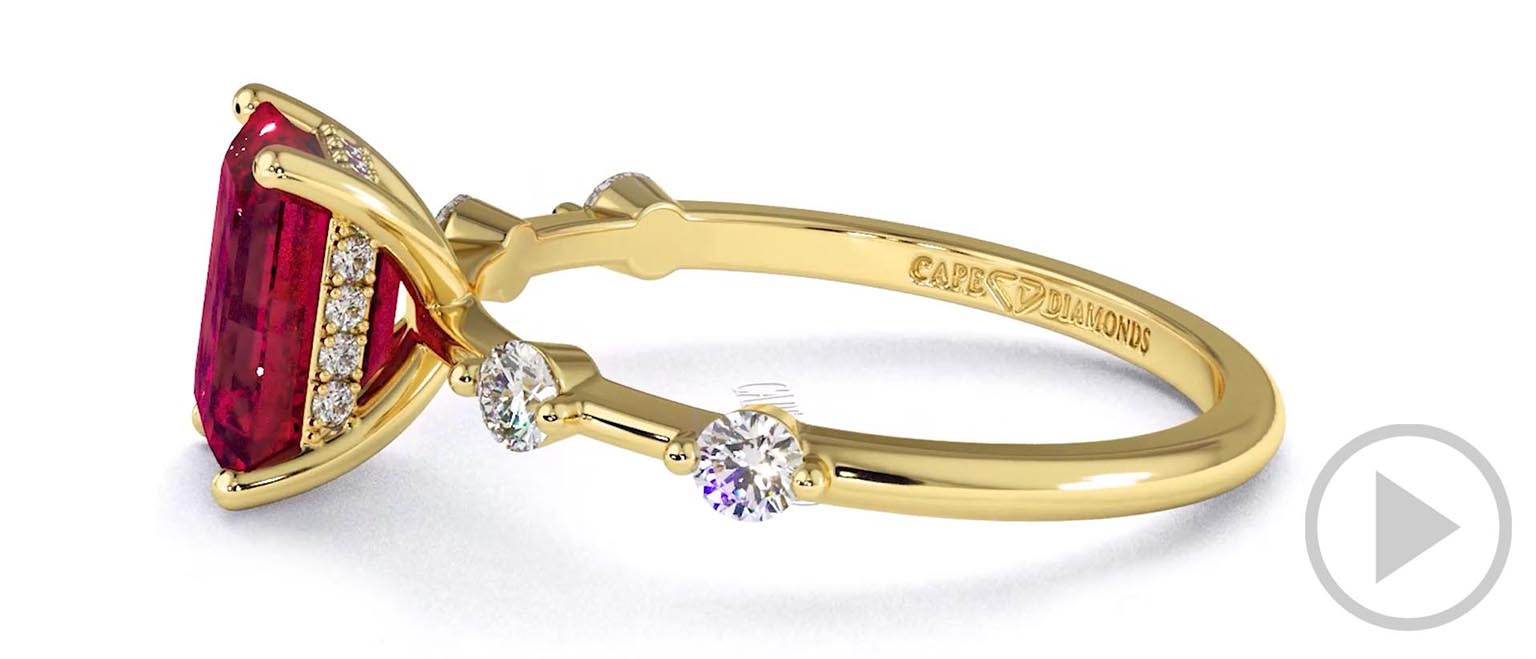 Ruby Bubble Drop Side Stone Hidden Halo Emerald Cut Engagement Ring Yellow Gold top video