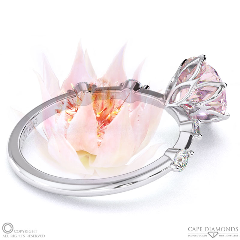 Blushing Bride Morganite Bubble Drop Side Stone Round Cut Engagement Ring White Gold