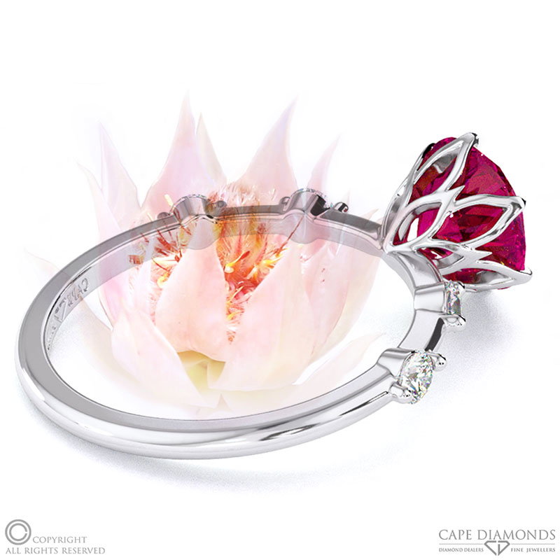 Blushing Bride Ruby Bubble Drop Side Stone Round Cut Engagement Ring White Gold