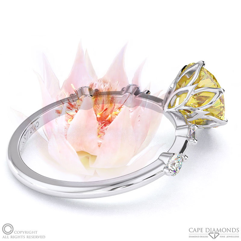 Blushing Bride Yellow Natural Diamond Bubble Drop Side Stone Round Cut Engagement Ring White Gold