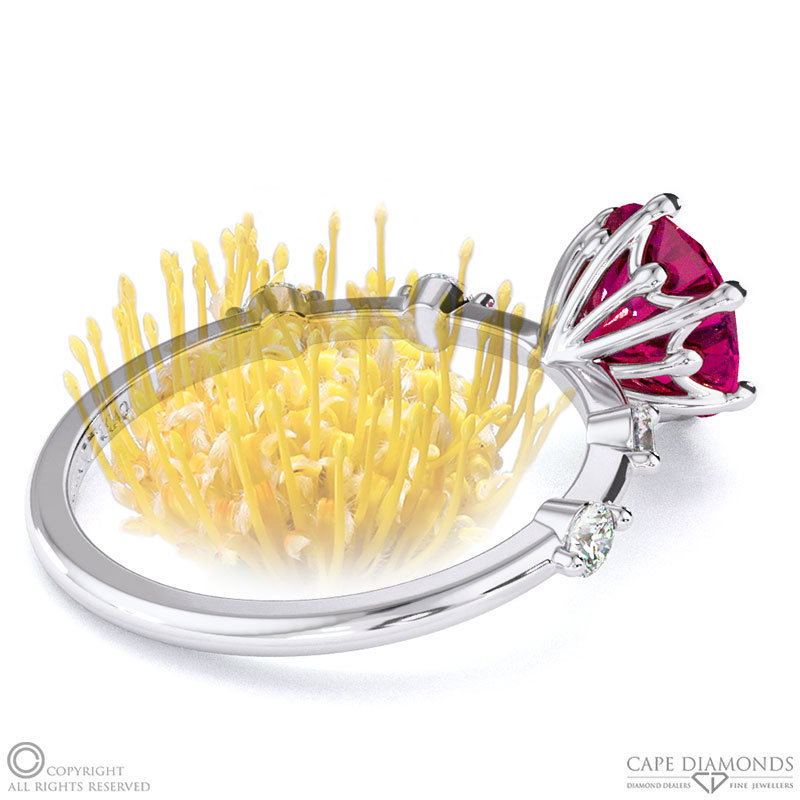 Pin Cushion Ruby Bubble Drop Side Stone Round Cut Engagement Ring White Gold