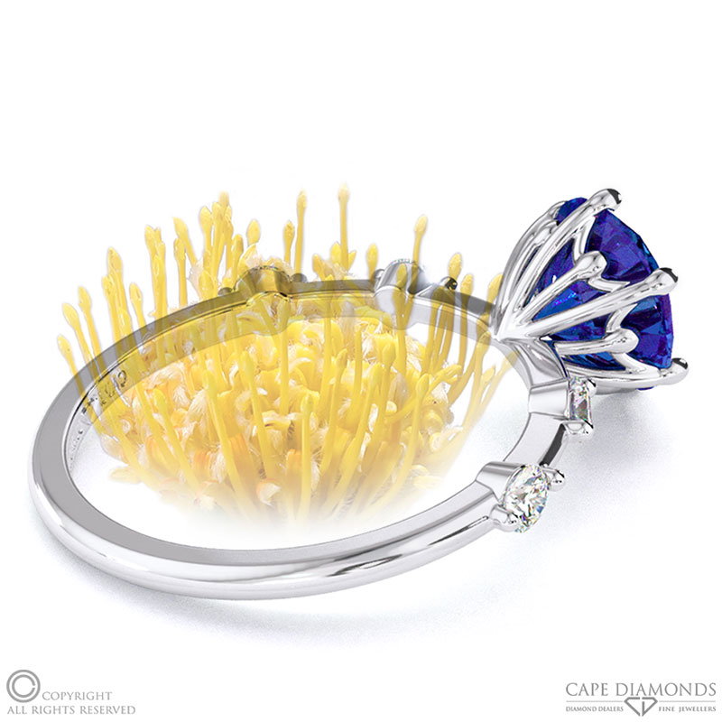 Pin Cushion Tanzanite Bubble Drop Side Stone Round Cut Engagement Ring White Gold