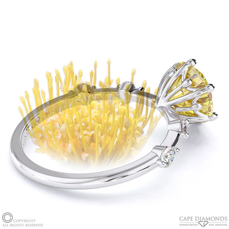 Pin Cushion Yellow Natural Diamond Bubble Drop Side Stone Round Cut Engagement Ring White Gold