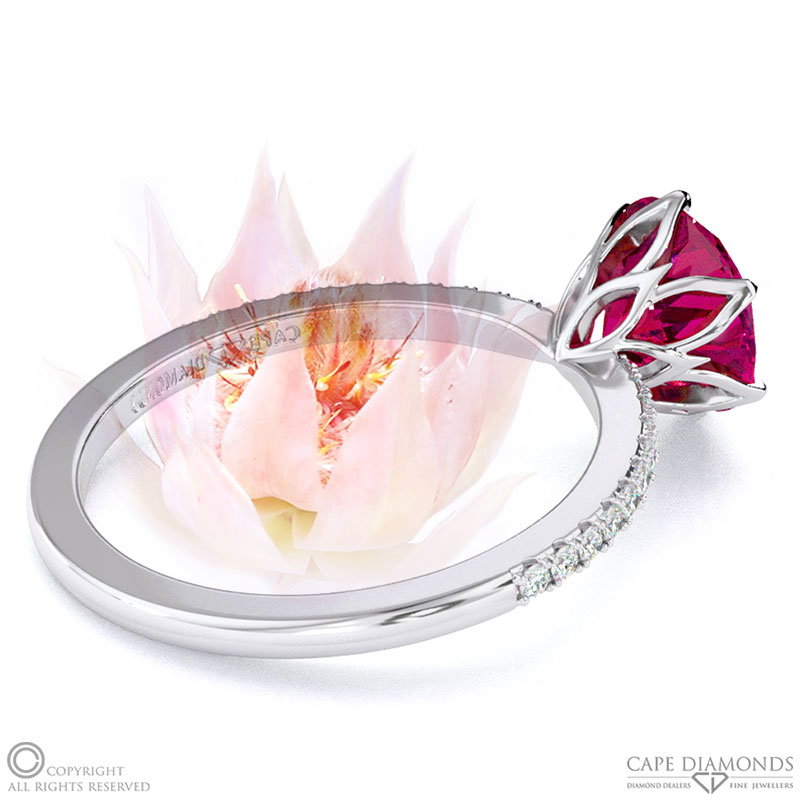 Blushing Bride Fynbos Flower Ruby Round Cut Engagement Ring White Gold