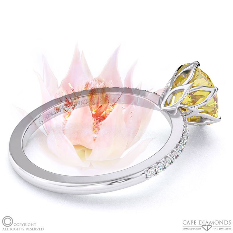 Blushing Bride Fynbos Flower Yellow Natural Diamond Round Cut Engagement Ring White Gold