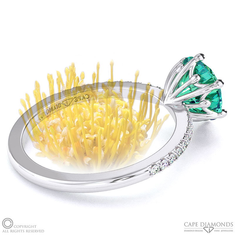 Pin Cushion Fynbos Flower Tourmaline Round Cut Engagement Ring White Gold