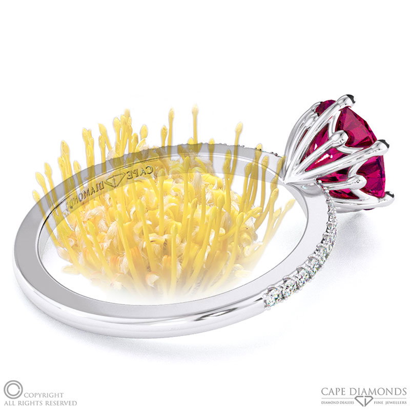 Pin Cushion Fynbos Flower Ruby Round Cut Engagement Ring White Gold