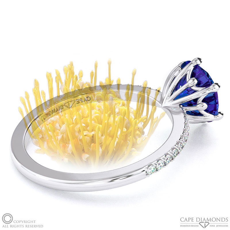 Pin Cushion Fynbos Flower Tanzanite Round Cut Engagement Ring White Gold