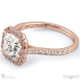 radiant lab grown diamond halo cathedral lab grown diamond engagement ring rose gold with pavé side diamonds with 9k rose gold metal and radiant shape diamond