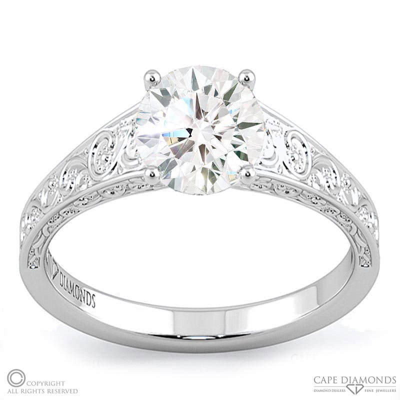 Engraved Plant Motifs Lab Grown Diamond Engagement Ring White Golds