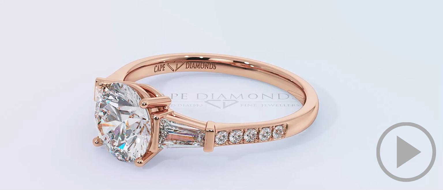 Trilogy Round Lab Grown Diamond Engagement Ring Rose Gold With Baguette Side Lab Grown Diamonds top video