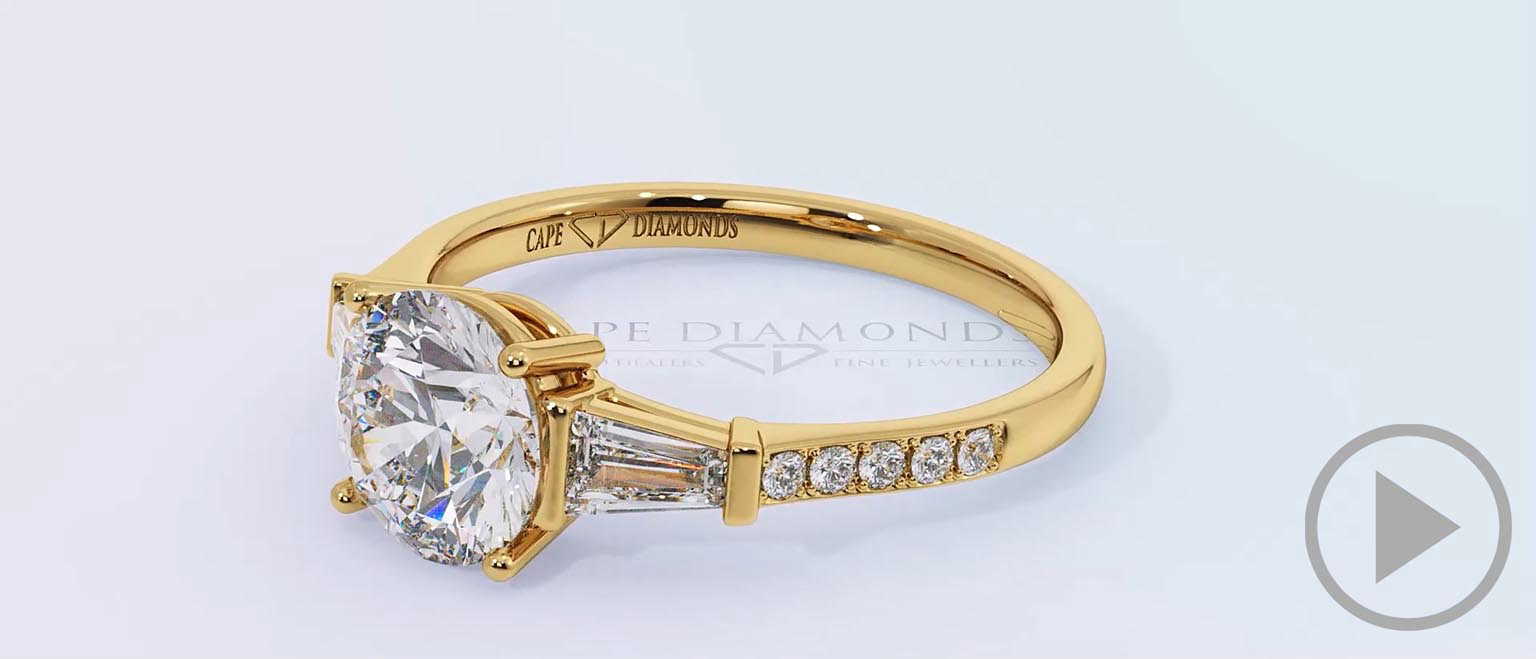 Trilogy Round Natural Diamond Engagement Ring Yellow Gold With Baguette Side Natural Diamonds top video