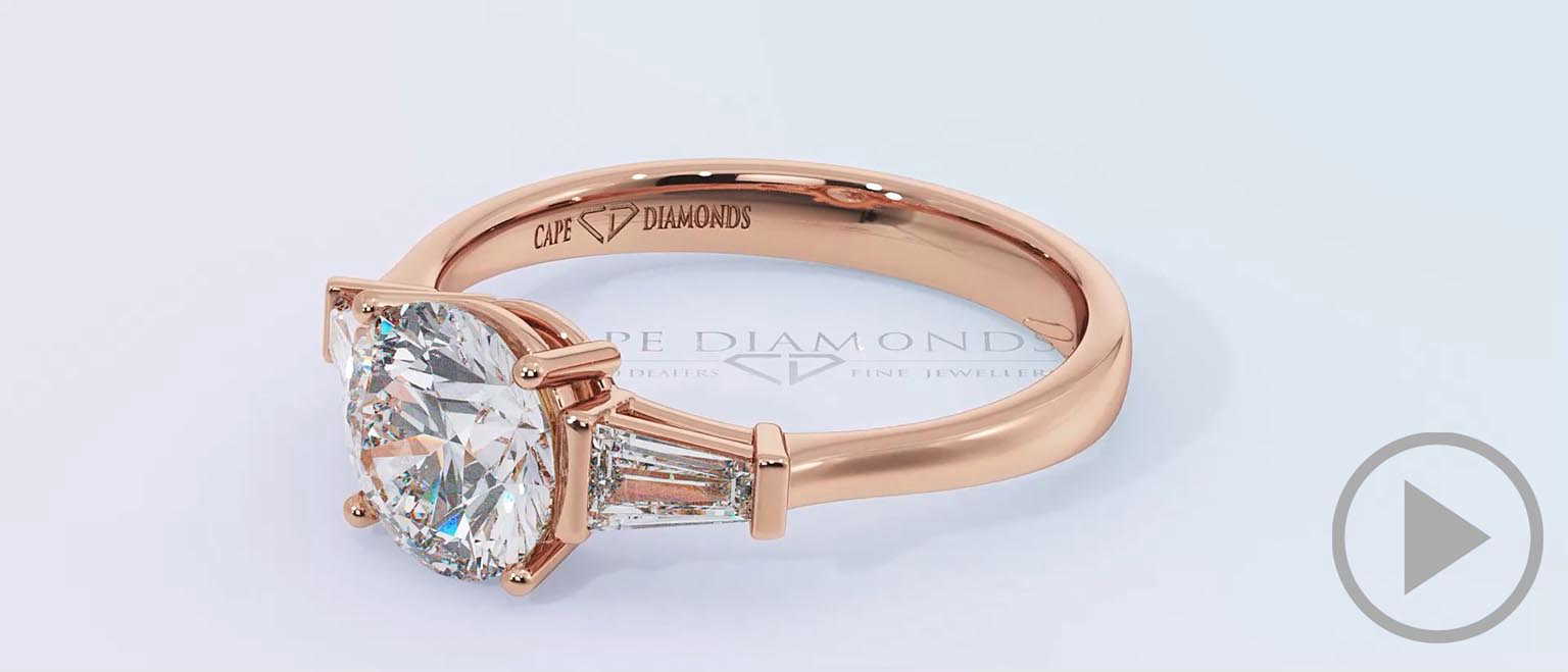 Baguette Round Cut 3 Stone Lab Grown Diamond Engagement Ring Rose Gold top video