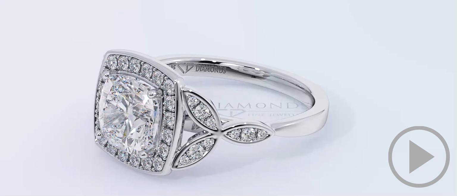 Cushion Leaf Halo Natural Diamond Engagement Ring White Gold top video