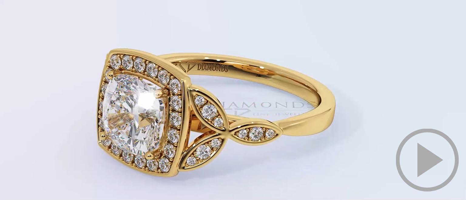 Cushion Leaf Halo Lab Grown Diamond Engagement Ring Yellow Gold top video