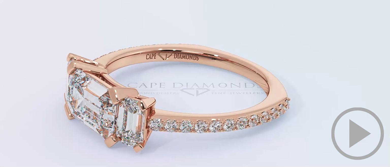 Emerald Cut 3 Natural Diamond Trilogy Engagement Ring Rose Gold top video