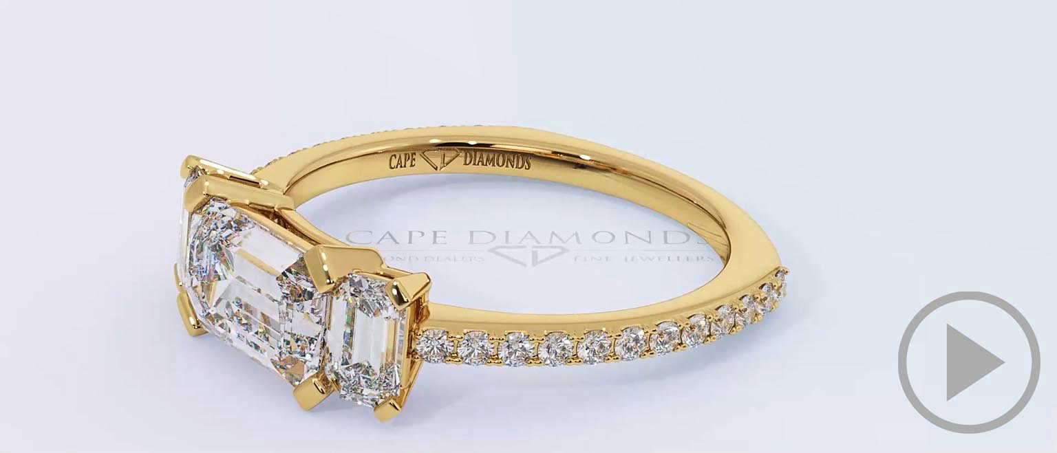 Emerald Cut 3 Natural Diamond Trilogy Engagement Ring Yellow Gold top video