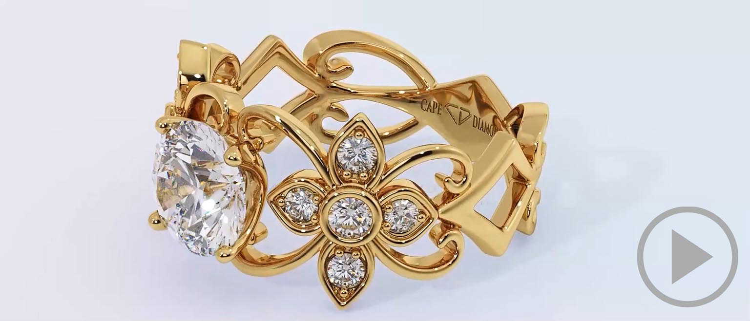 Four Claw Solitaire Filigree Natural Diamond Engagement Ring Yellow Gold top video