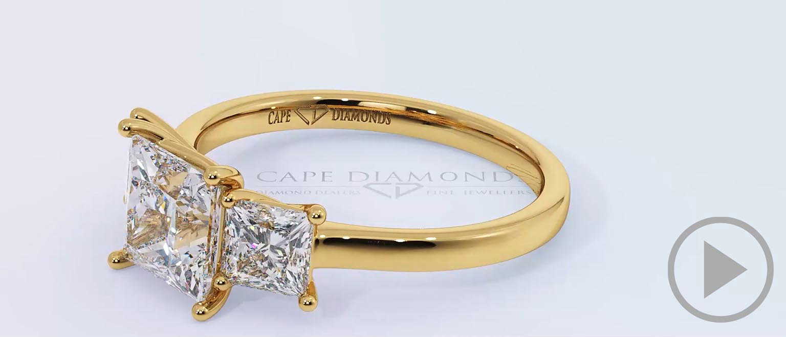 Princess Cut Trilogy Lab Grown Diamond Engagement Ring Yellow Gold top video