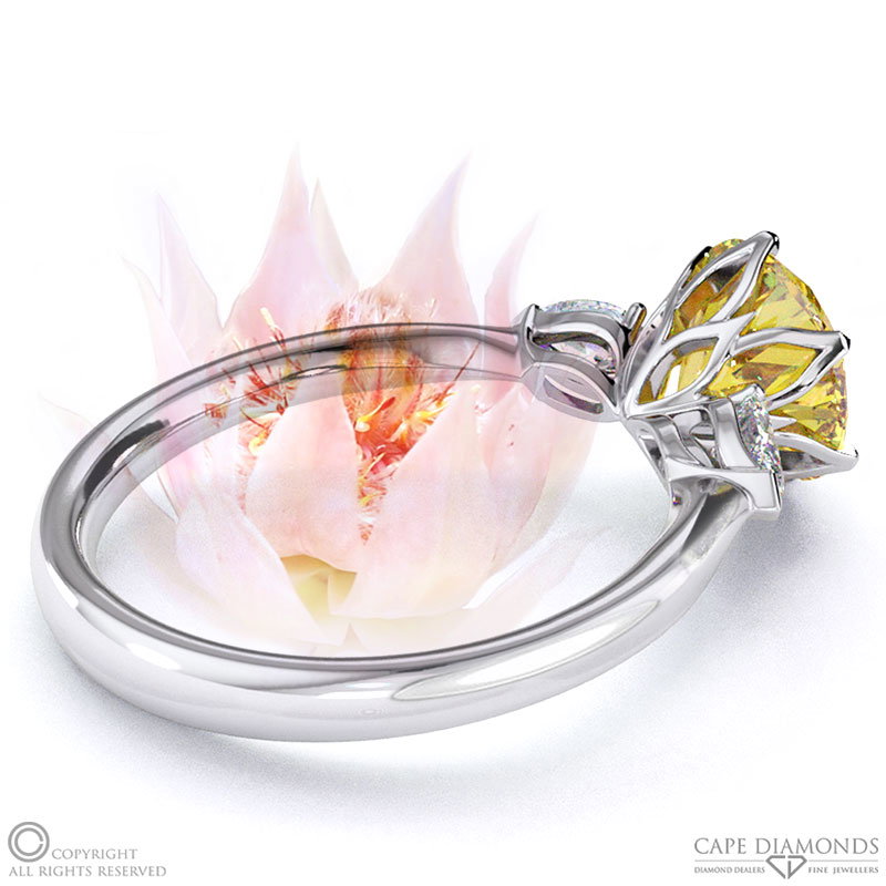 Blushing Bride Fynbos Yellow Natural Diamond Round Trillogy Engagement Ring White Gold