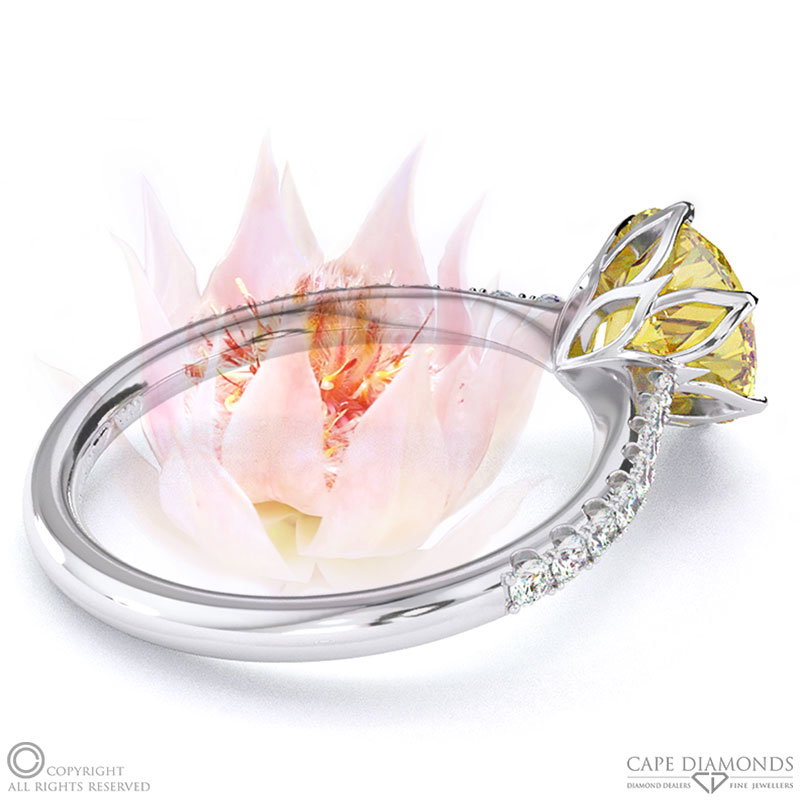 Blushing Bride Fynbos Yellow Natural Diamond Round Side Stone Engagement Ring White Gold