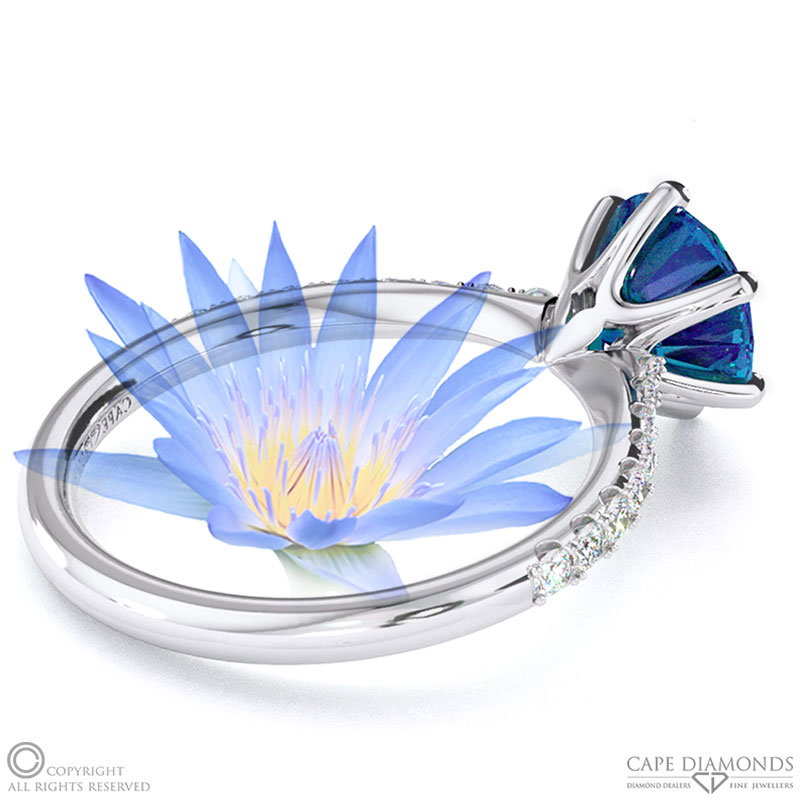 Water Lily Sapphire Side Stone Engagement Ring White Gold