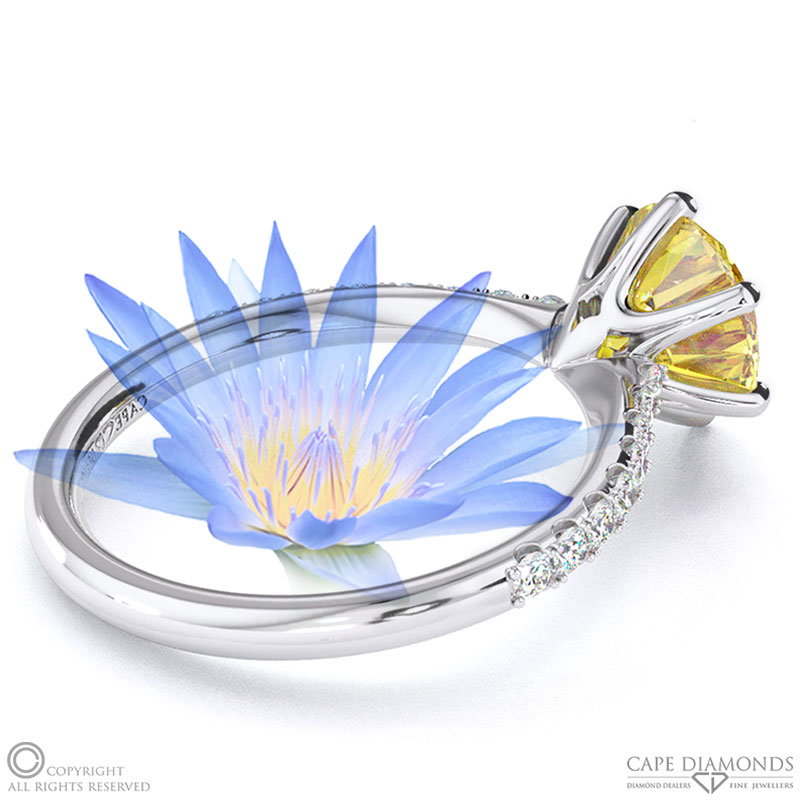 Water Lily Yellow Natural Diamond Side Stone Engagement Ring White Gold