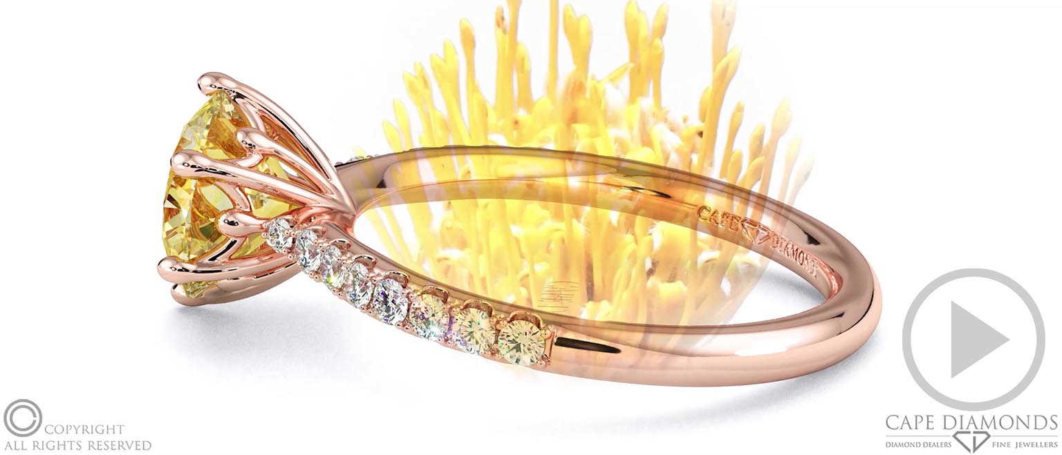 Pin Cushion Fynbos Yellow Lab Grown Diamond Side Diamond Engagement Ring Rose Gold top video