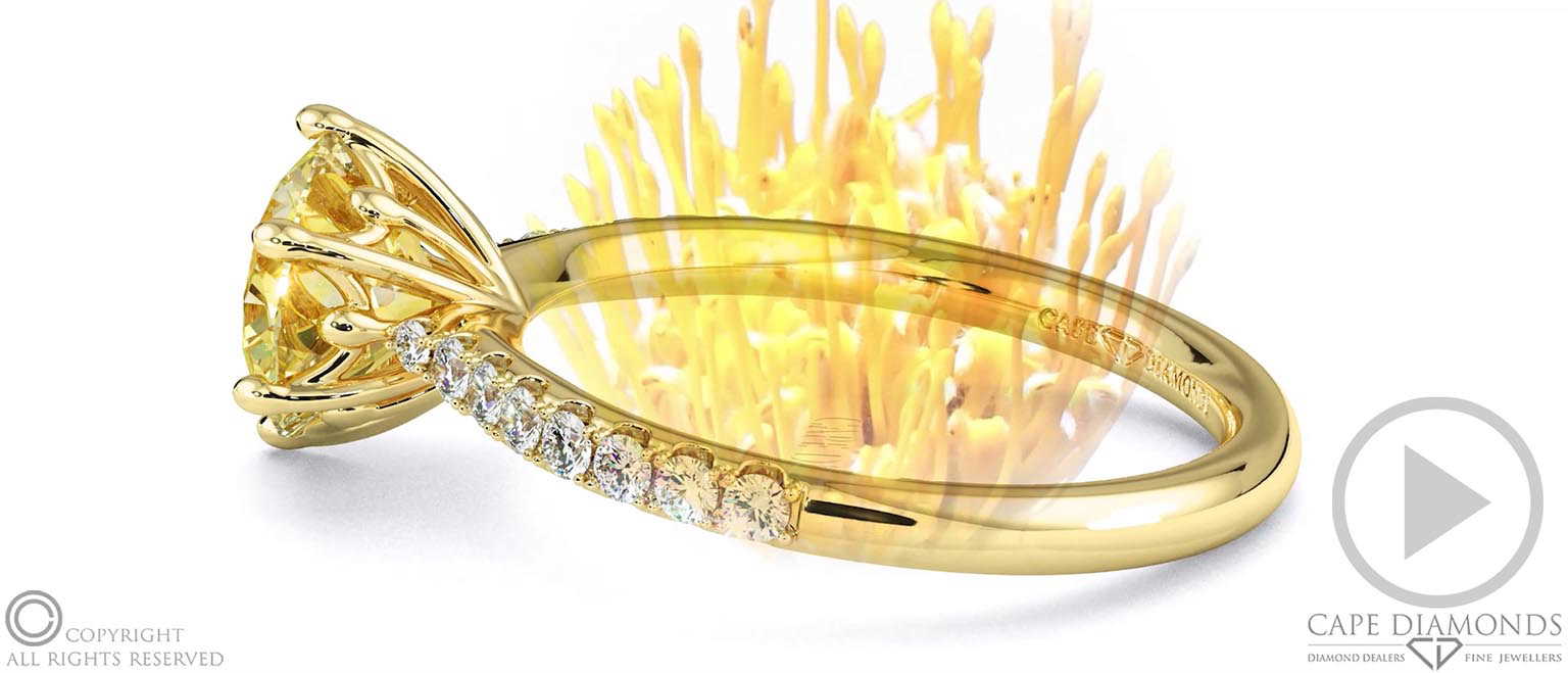 Pin Cushion Fynbos Yellow Natural Diamond Side Diamond Engagement Ring Yellow Gold top video