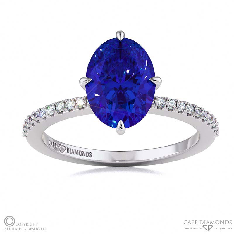 Tanzanite Four Claw Hidden Halo Engagement Ring White Gold
