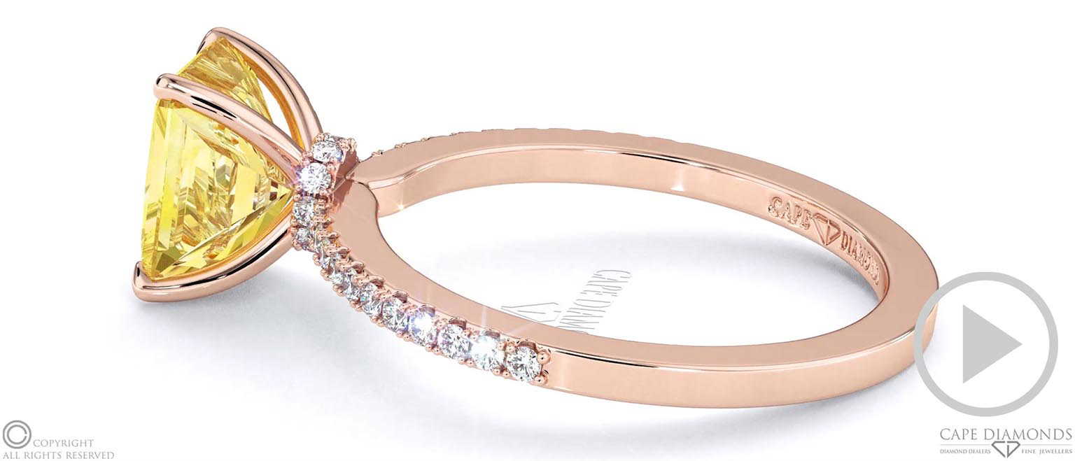 Yellow Natural Diamond Low Hidden Halo Radiant Cut Engagement Ring Rose Gold top video