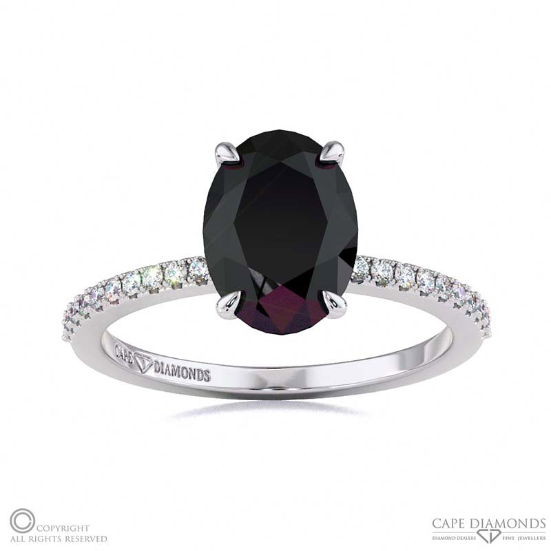Black Lab Grown Diamond Oval Hidden Halo With Pave Side Diamonds Engagement Ring White Gold
