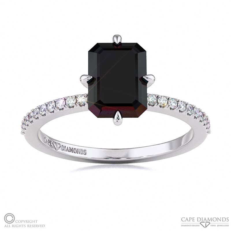 Black Lab Grown Diamond Low Hidden Halo Emerald Cut Cross Claws Engagement Ring White Gold