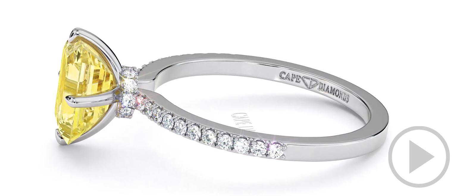 Yellow Natural Diamond Low Hidden Halo Emerald Cut Cross Claws Engagement Ring White Gold top video