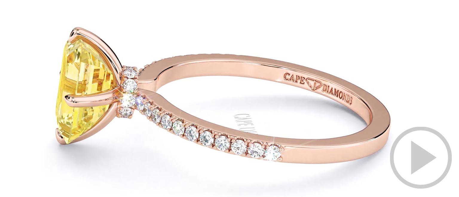 Yellow Natural Diamond Low Hidden Halo Emerald Cut Cross Claws Engagement Ring Rose Gold top video