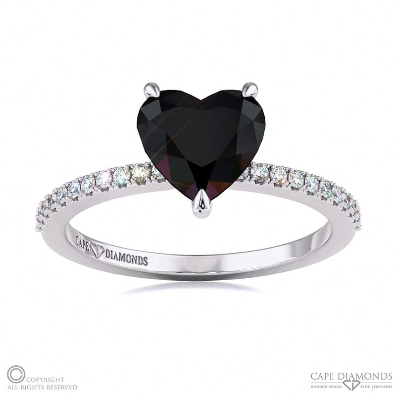 Black Lab Grown Diamond Low Hidden Halo Heart Cut Engagement Ring White Gold