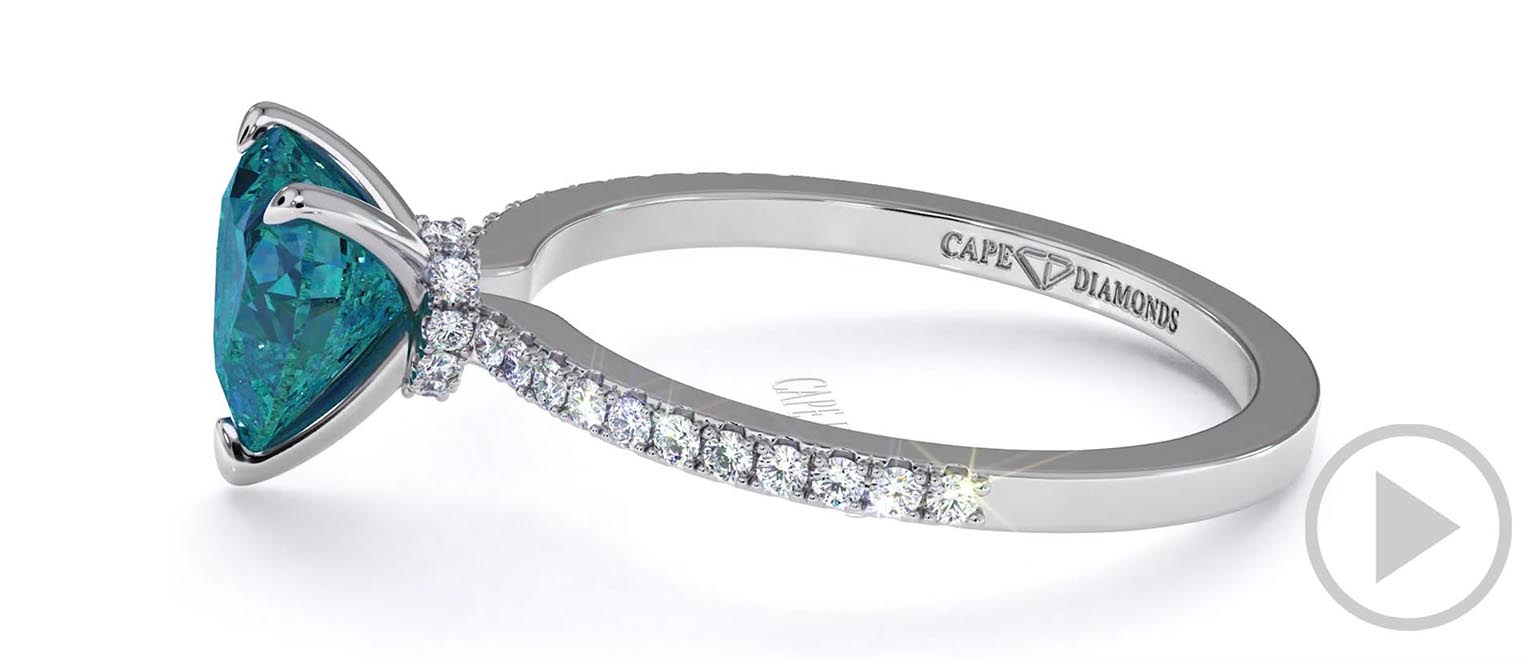 Teal Sapphire Engagement Ring With Hidden Halo And Side Stones Platinum top video