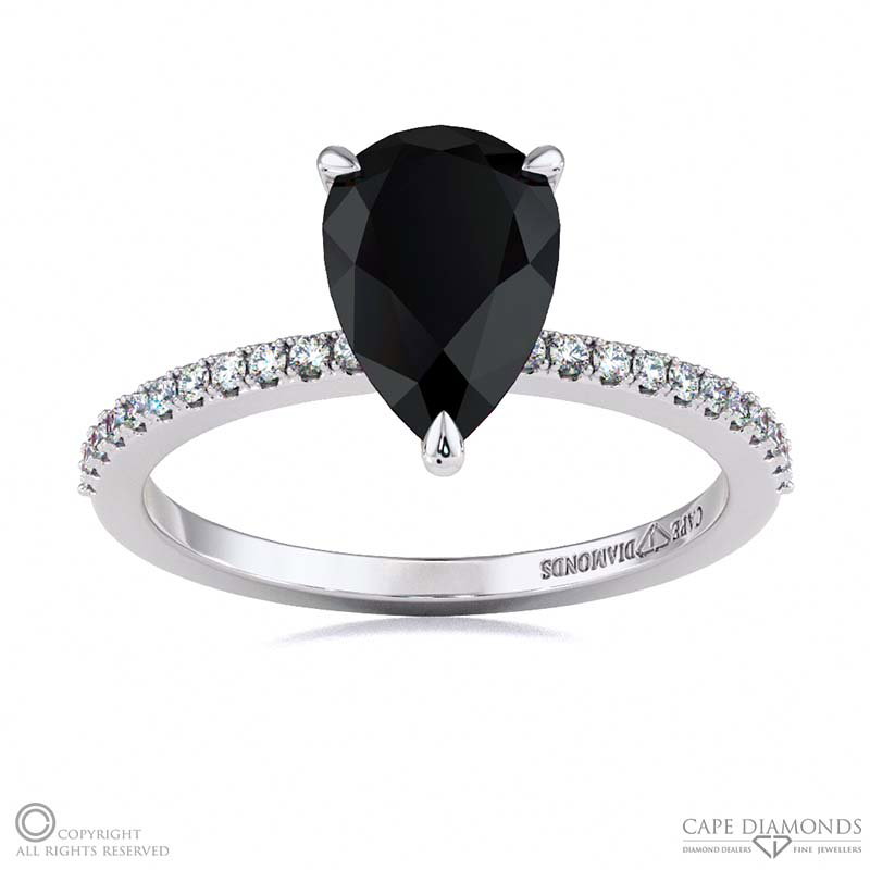 Black Lab Grown Diamond Low Hidden Halo Pear Cut Engagement Ring White Gold