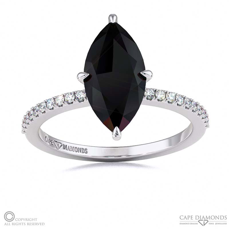Black Lab Grown Diamond Low Hidden Halo Marquise Cut Engagement Ring White Gold